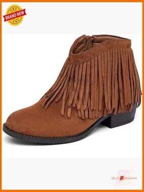Faux Suede Fringe Ankle Boots Low Heel Round Toe Western Booties